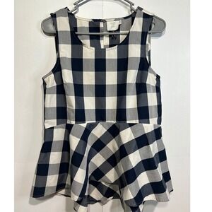 HD in Paris Peplum Tank Top Womens 6 Navy Blue White Gingham Buffalo Plaid Zip